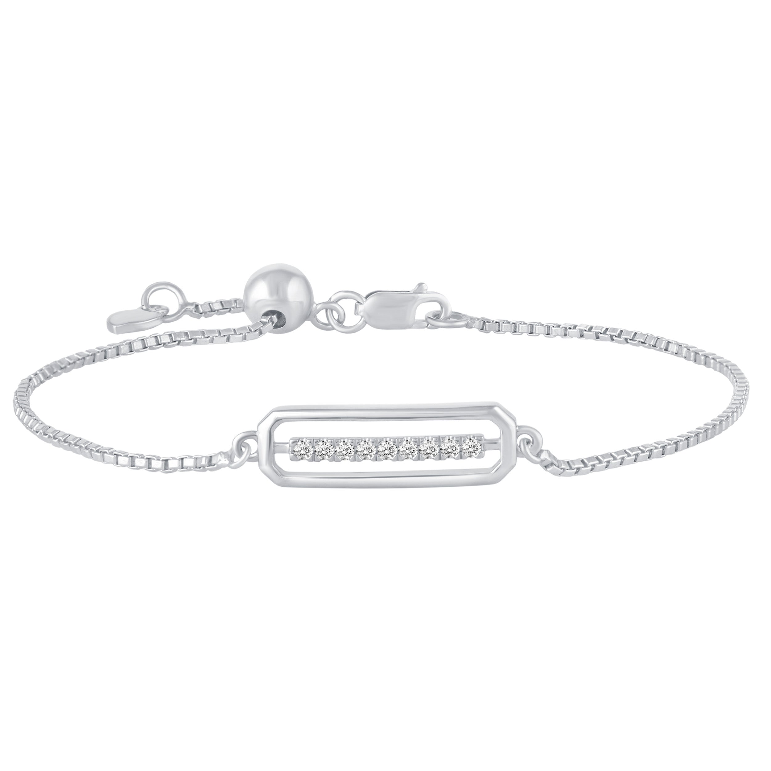 1/10 Cttw CZ Open Open Bar Rectangle Adjustable 7" Sliding Bracelet in 925 Sterling Silver