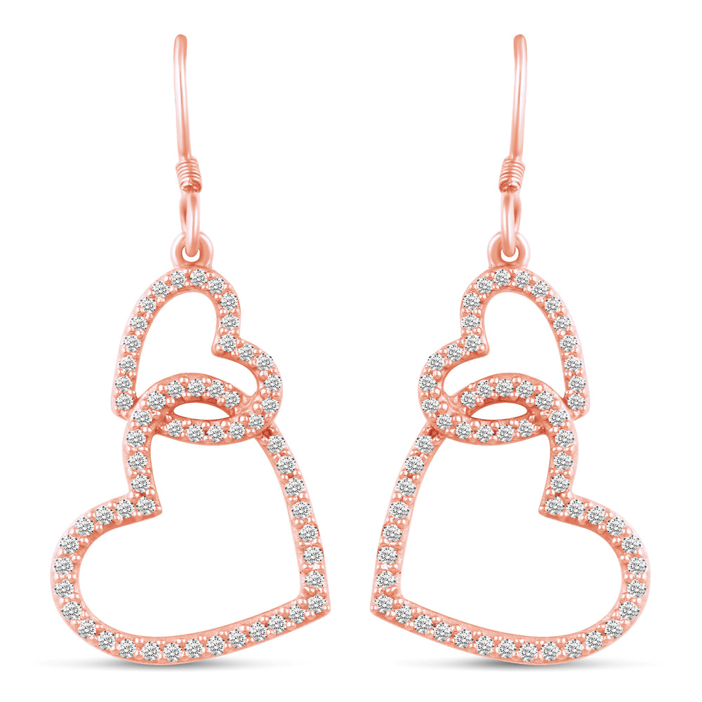 Double Two Heart Drop Dangle Swing Earrings in 925 Sterling Silver Pink Rose Gold