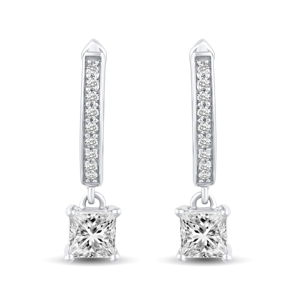 3 Sizes Princess Cut Sparkly Drop Dangle Hoop Huggies Earrings in 925 Sterling Silver