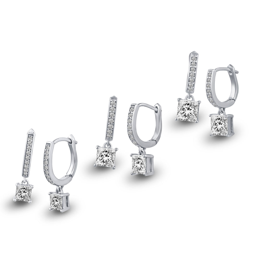 3 Sizes Princess Cut Sparkly Drop Dangle Hoop Huggies Earrings in 925 Sterling Silver