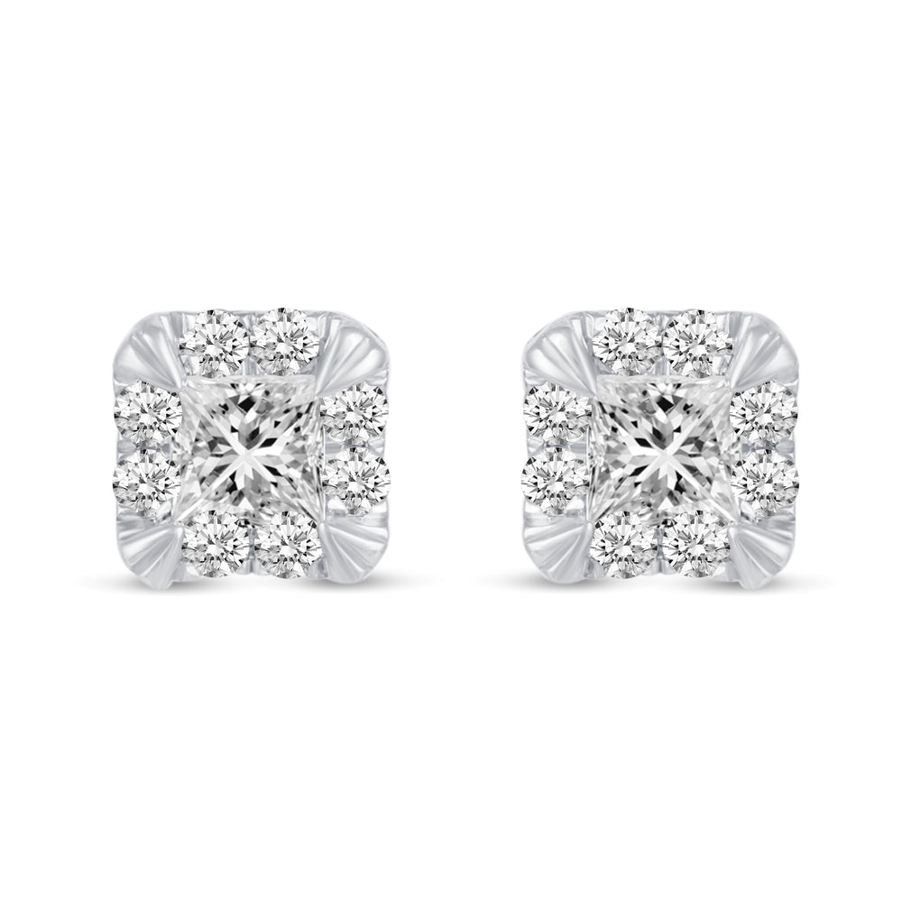 3/4 Cttw Princess Cut Halo Studs Earrings in 925 Sterling Silver