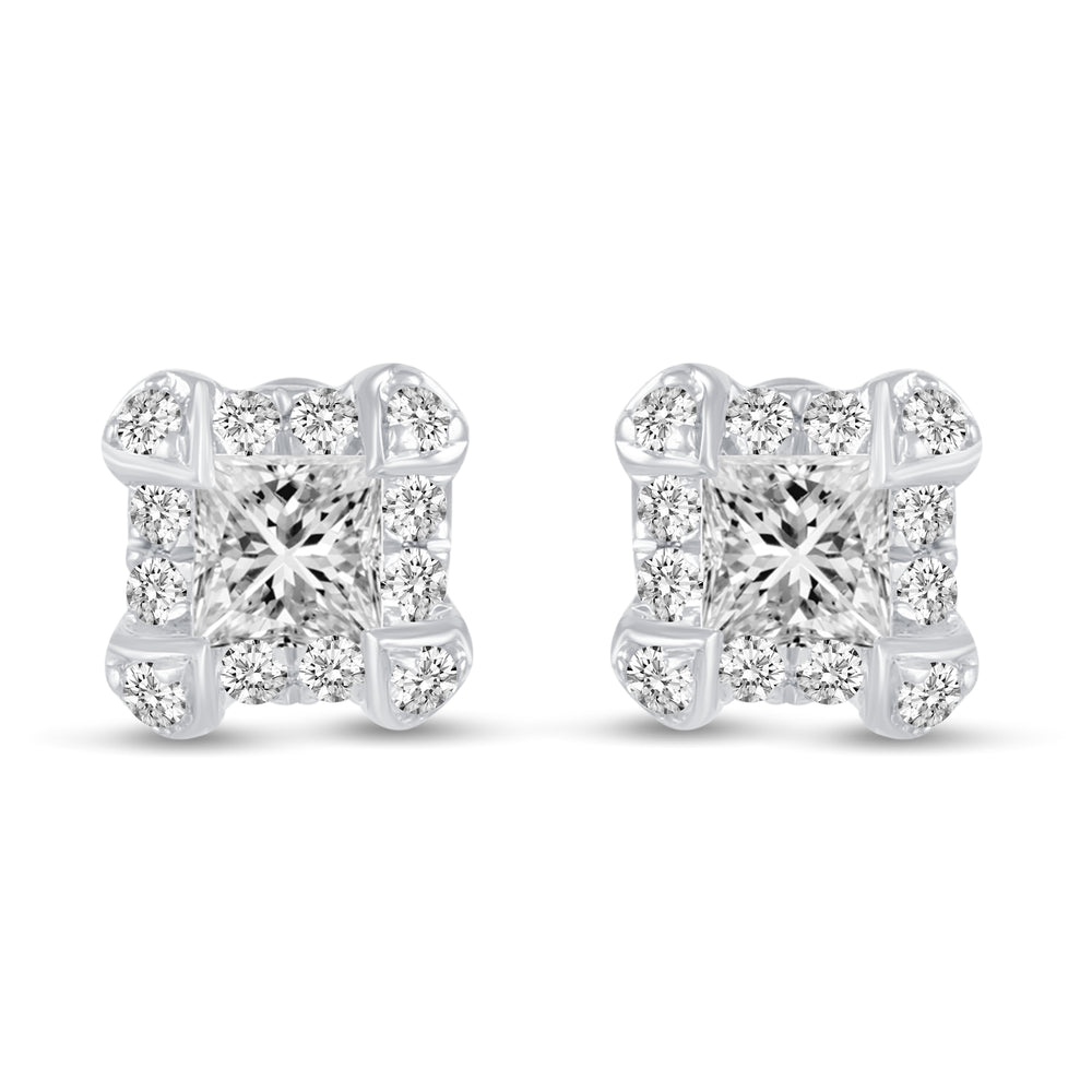3/4 Cttw CZ Princess Cut Halo Studs Earrings in 925 Sterling Silver