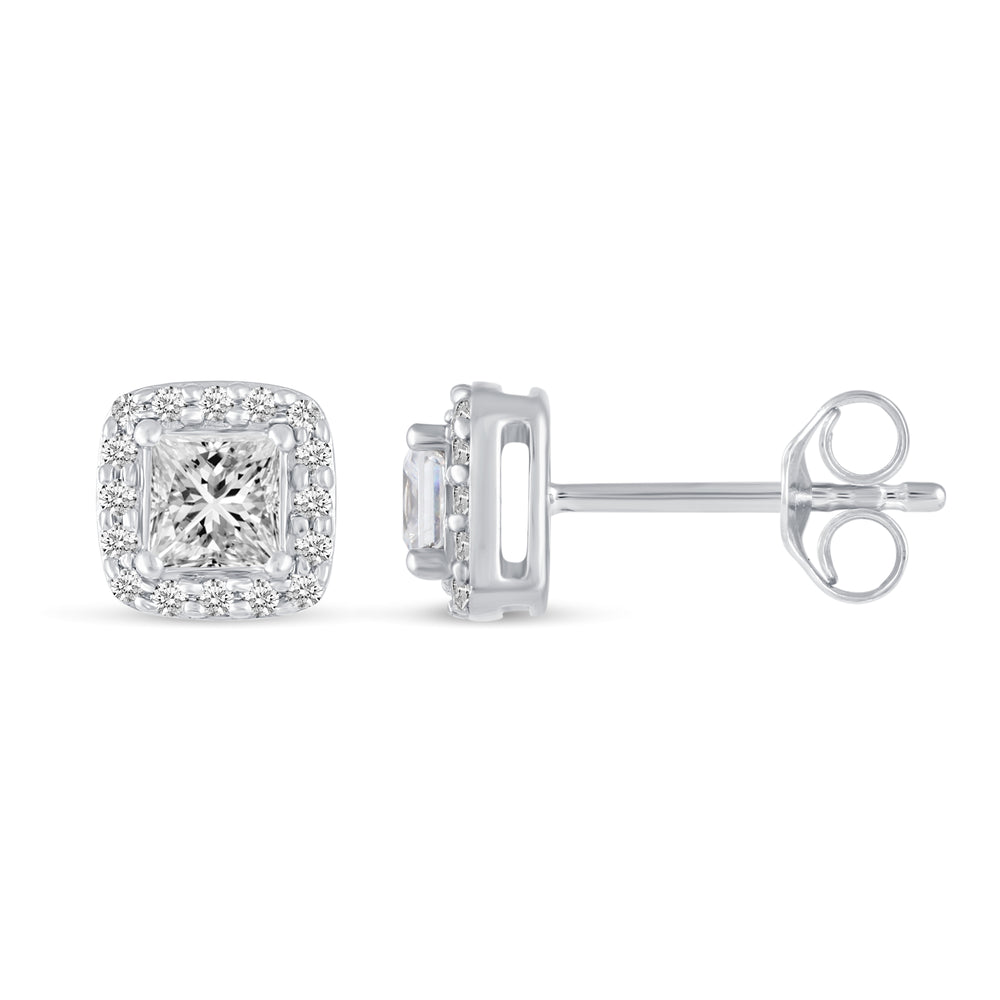 3/4 Cttw - 1/2 Cttw Halo Princess Cut Studs Earrings in 925 Sterling Silver ( Select Carat)