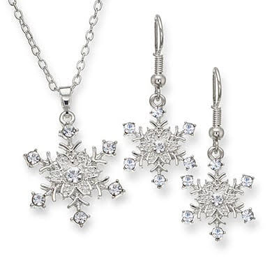 Snowflake Pendant and Earring Set with Silver Plating