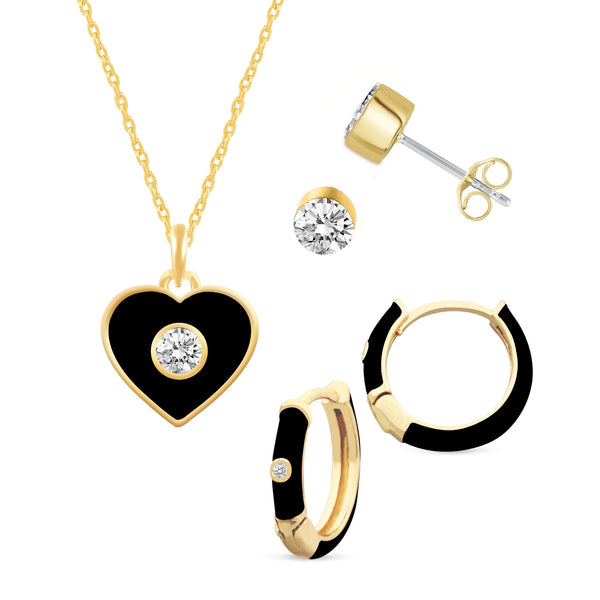 Prime and Pure Set of 3 Enamel Earrings + Pendant Box Set Gold Tone 17 Inch Chain + 2in Extender (Stud + Huggies + Heart Pendant )