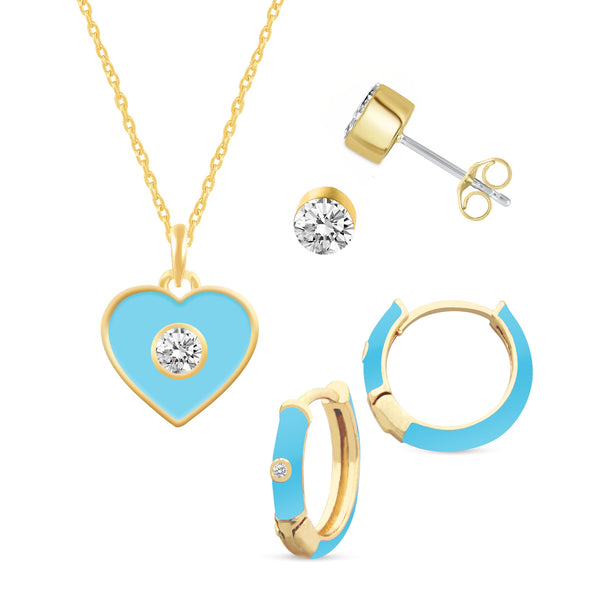 Prime and Pure Set of 3 Enamel Earrings + Pendant Box Set Gold Tone 17 Inch Chain + 2in Extender (Stud + Huggies + Heart Pendant )