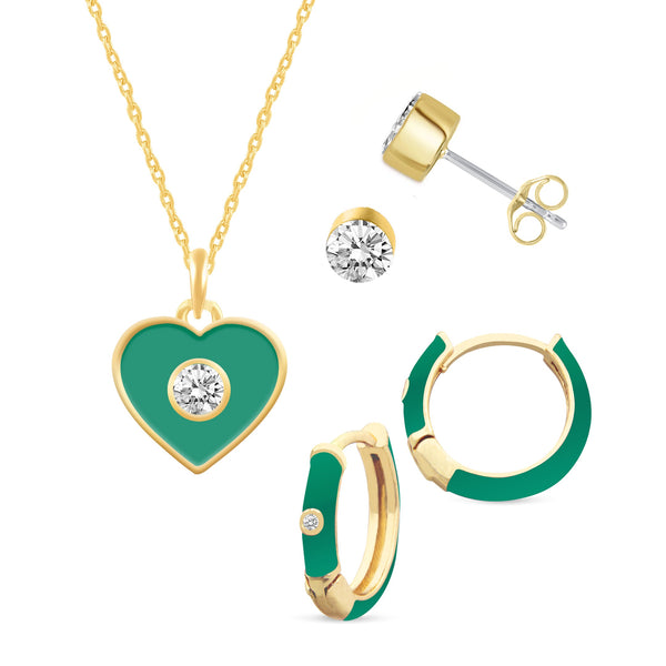 Prime and Pure Set of 3 Enamel Earrings + Pendant Box Set Gold Tone 17 Inch Chain + 2in Extender (Stud + Huggies + Heart Pendant )