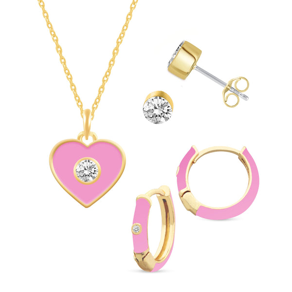 Prime and Pure Set of 3 Enamel Earrings + Pendant Box Set Gold Tone 17 Inch Chain + 2in Extender (Stud + Huggies + Heart Pendant )