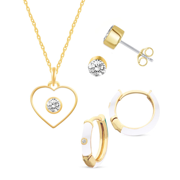 Prime and Pure Set of 3 Enamel Earrings + Pendant Box Set Gold Tone 17 Inch Chain + 2in Extender (Stud + Huggies + Heart Pendant )