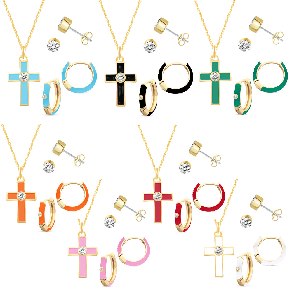 Set of 3 Enamel Earrings + Pendant Box Set Gold Tone (Stud & Huggies & Cross Pendant)