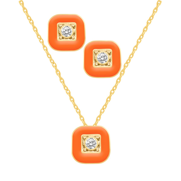 Square Enamel SQUARE Earrings + Pendant Box Set Gold Tone 17 Inch Chain + 2in Extender