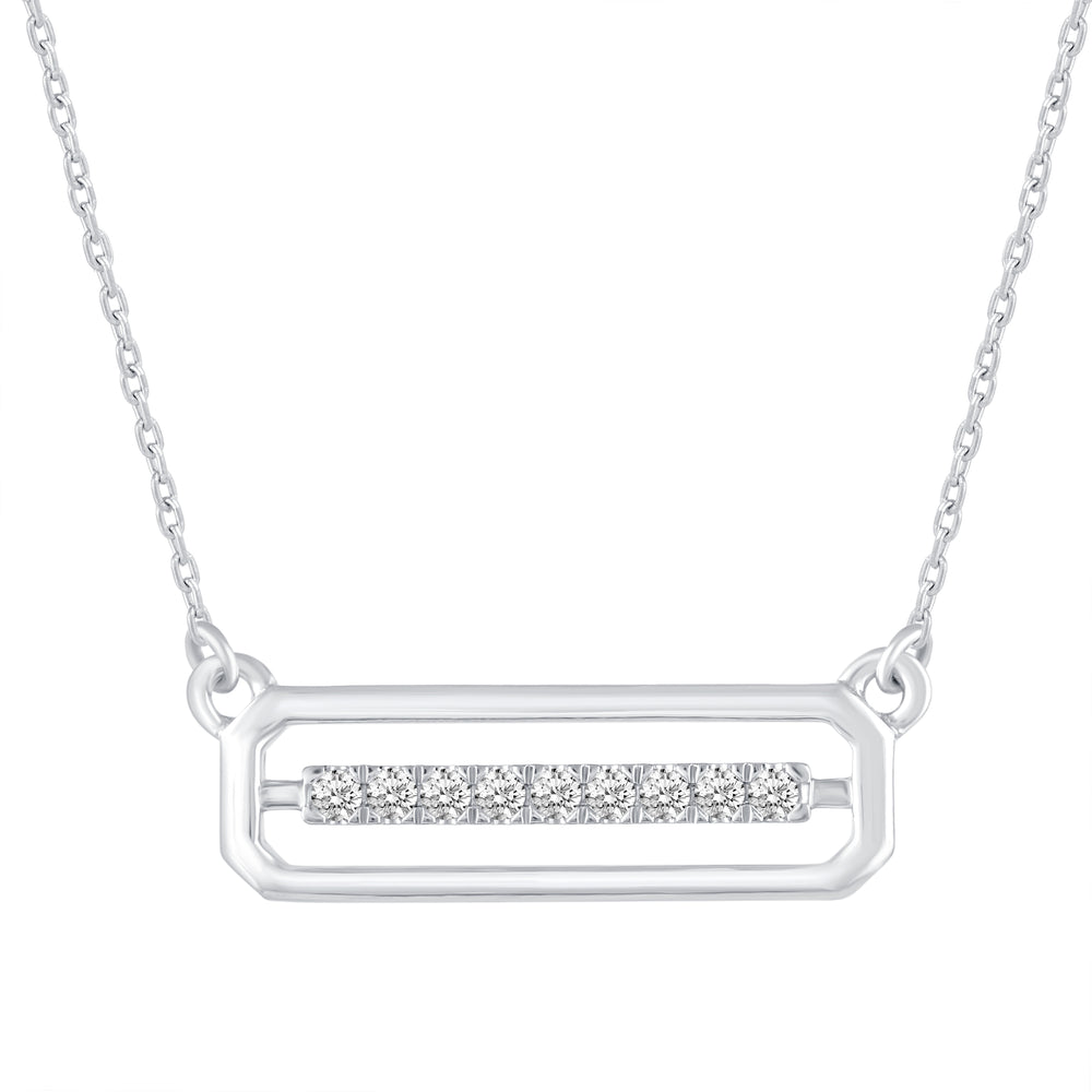 1/10 Cttw CZ Stone Open Bar Rectangle Pendant Necklace set in 925 Sterling Silver