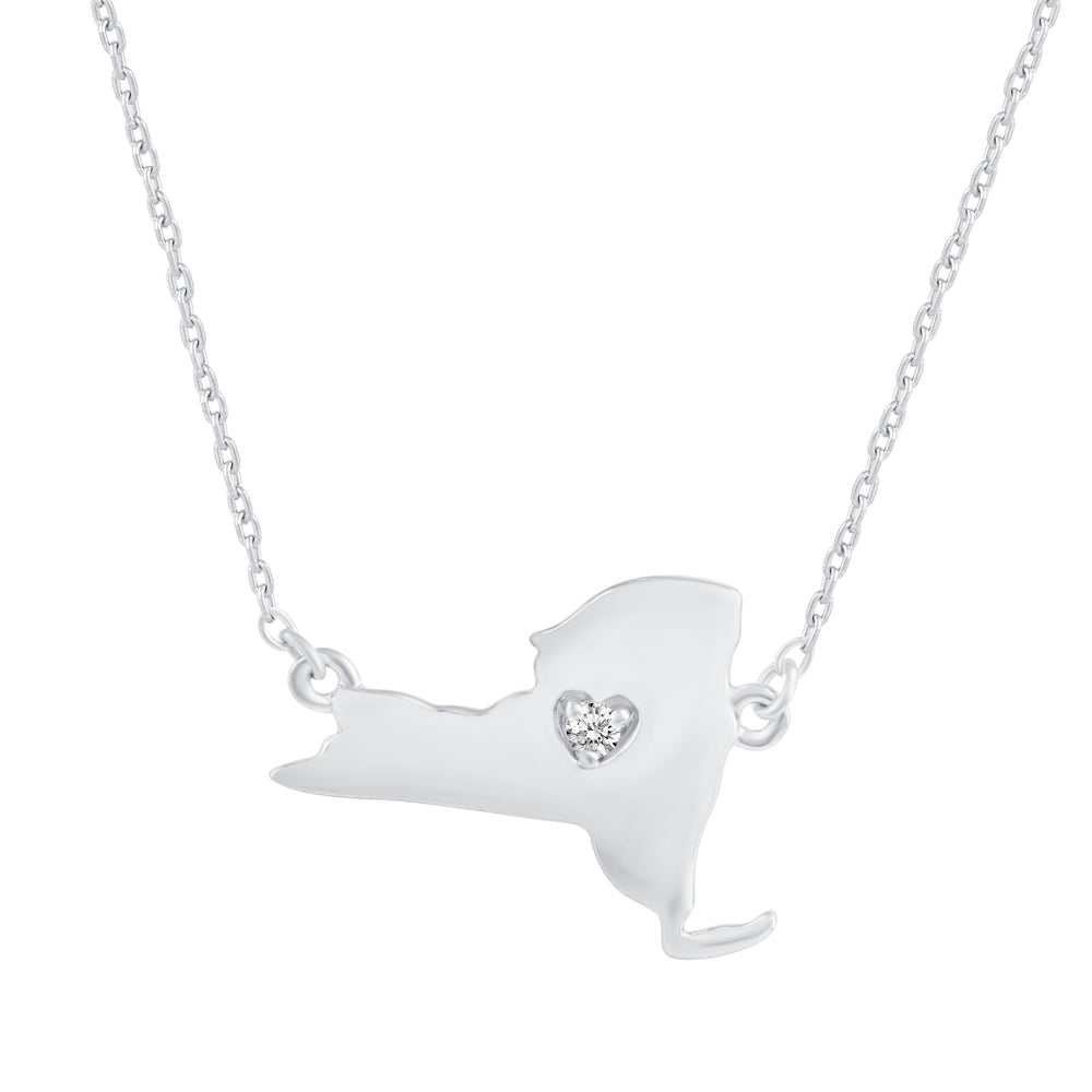1/20 Cttw CZ Stone State Map New York Love Heart Pendant Necklace set in 925 Sterling Silver