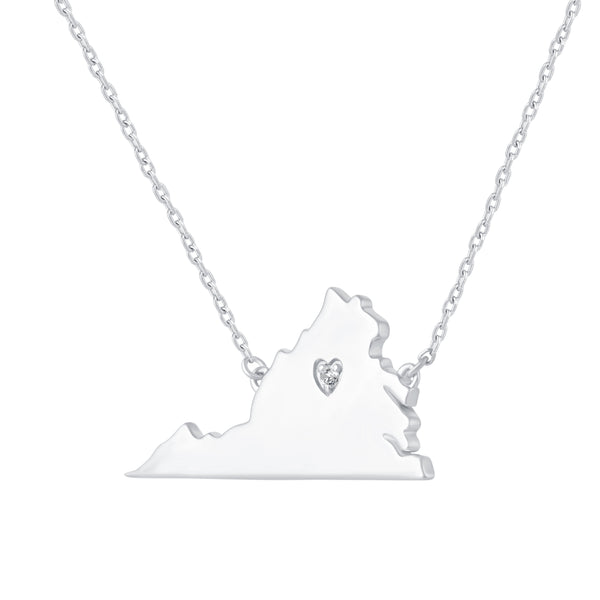1/20 Cttw CZ Stone State Map Virginia Love Heart Pendant Necklace set in 925 Sterling Silver