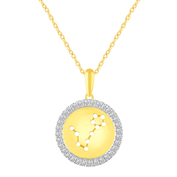 Prime and Pure 1/20 Cttw CZ Zodiac Astrology Halo Pendant Necklace set Yellow Gold plating