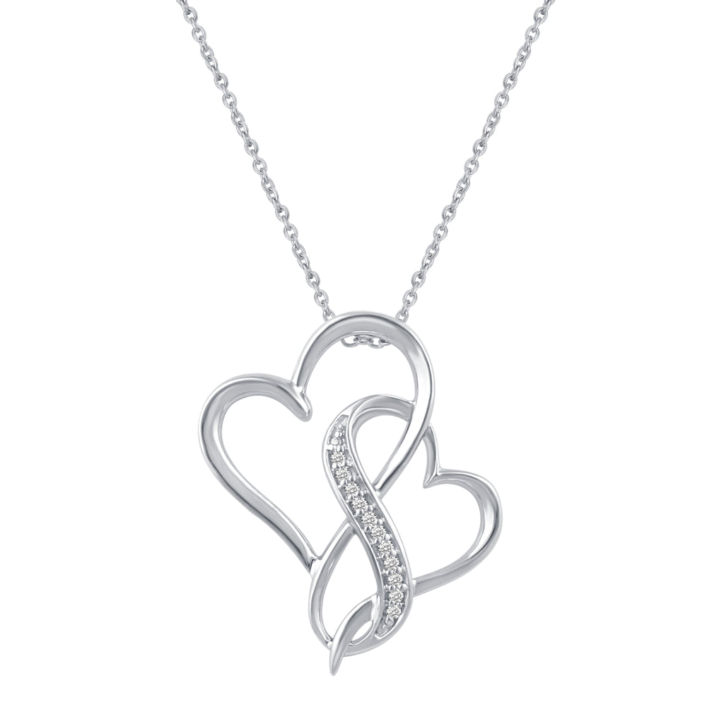 Pave Entwined Double Heart Charm Necklace Pendant in 925 Sterling Silver