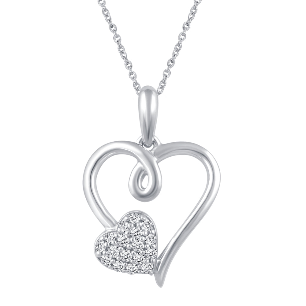Duo Love Heart Pave Swirl Necklace Pendant in 925 Sterling Silver
