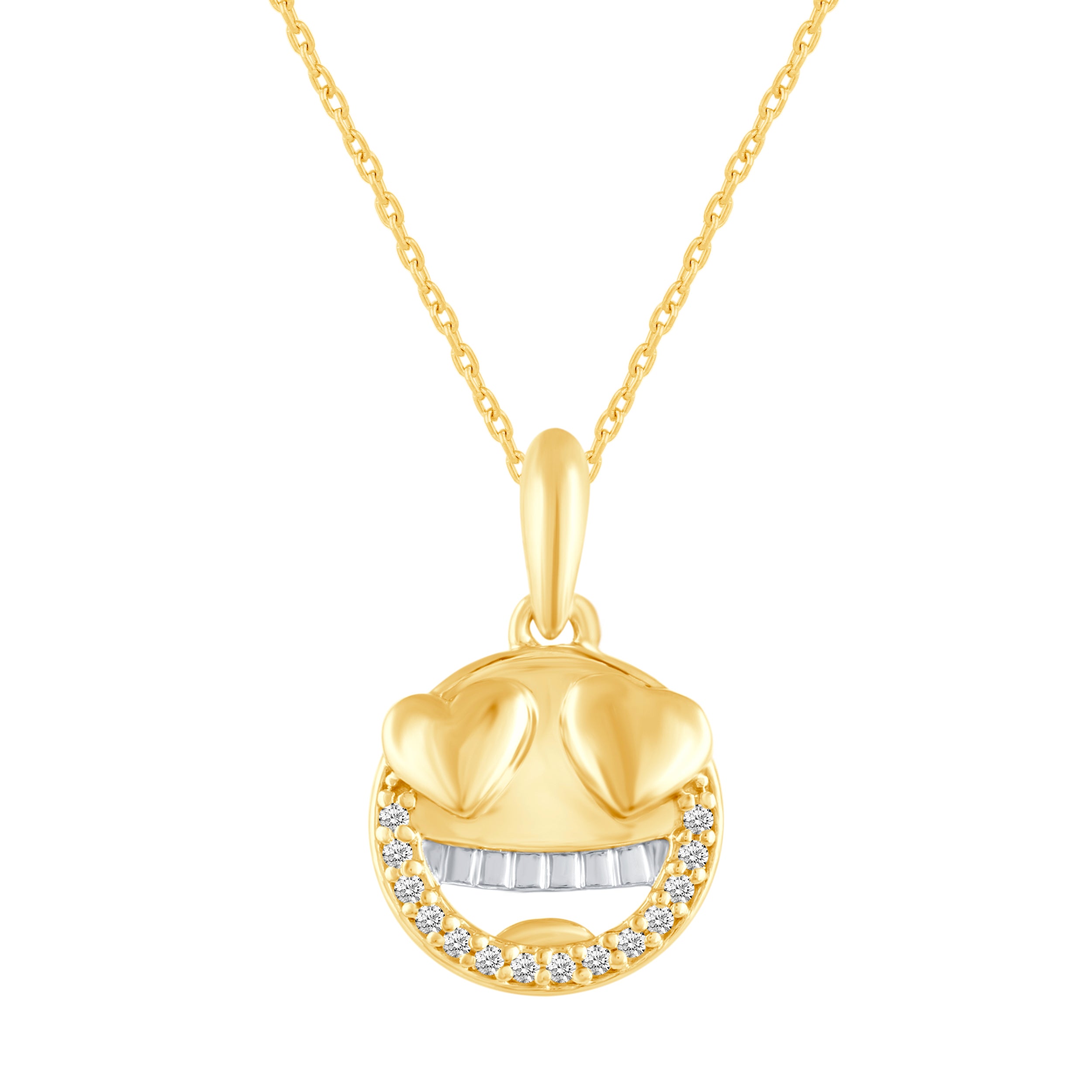 1/10 Cttw CZ EMOJI Smiling face with heart eyes Pendant Necklace set in 925 Sterling Silver Yellow Gold