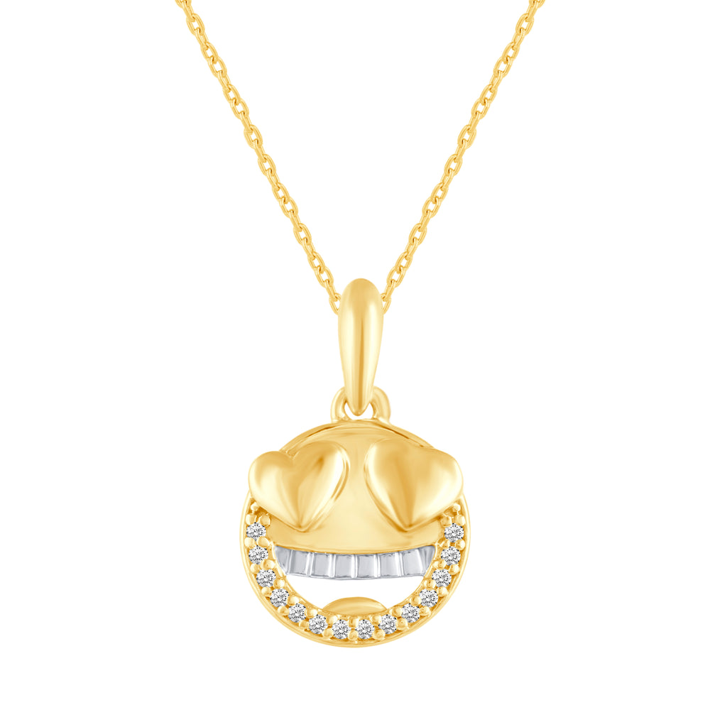 1/20 Cttw CZ EMOJI Smiling Face with Heart Eyes Pendant Necklace set in 925 Sterling Silver Yellow Gold