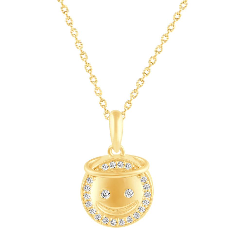 1/10 Cttw CZ EMOJI Smiling face with halo Pendant Necklace set in 925 Sterling Silver Yellow Gold