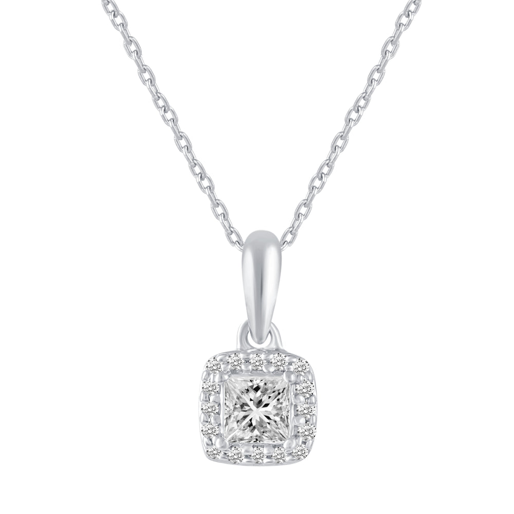 1/3 Cttw CZ Halo Princess Cut Pendant Necklace in 925 Sterling Silver