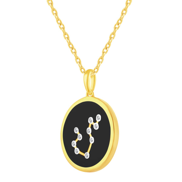 1/20 Cttw CZ Zodiac Black Enamel Astrology Pendant Necklace set in 925 Sterling Silver Yellow Gold AQUARIUS