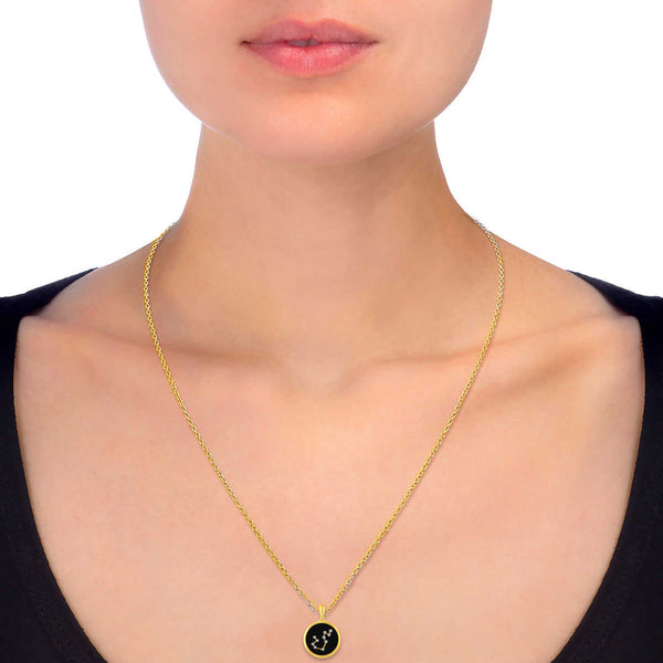1/20 Cttw CZ Zodiac Black Enamel Astrology Pendant Necklace set in 925 Sterling Silver Yellow Gold AQUARIUS