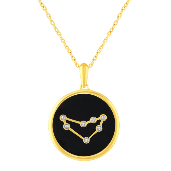 1/20 Cttw CZ Zodiac Black Enamel Astrology Pendant Necklace set in 925 Sterling Silver Yellow Gold CAPRICORN