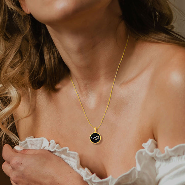 Prime and Pure 1/20 Cttw CZ Zodiac Black Enamel Astrology Pendant Necklace set Yellow Gold plating