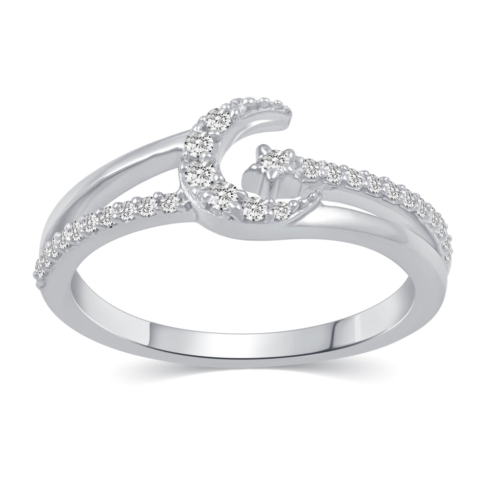 Crescent Moon Star Ring Split Pave Shank Band in 925 Sterling Silver
