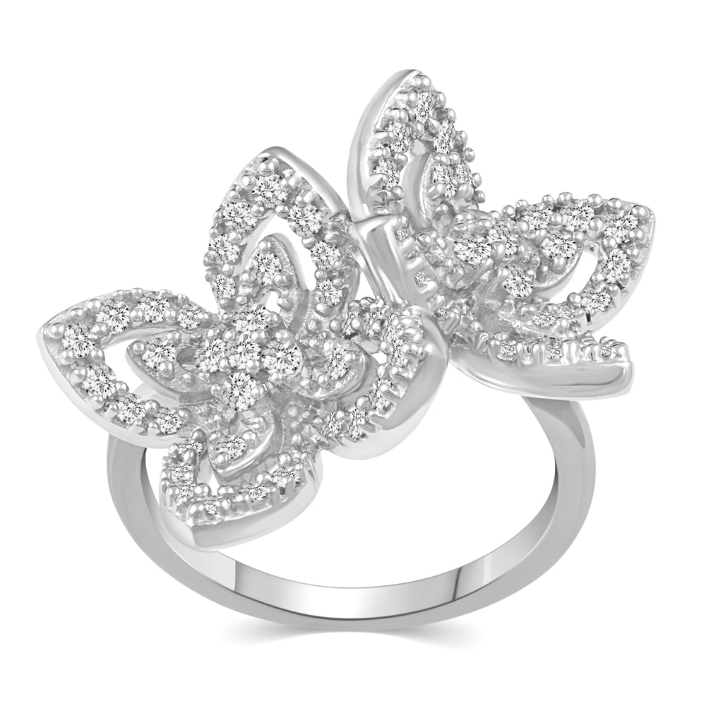 Splendid Duo Flower Double Butterfly Pave Ring in 925 Sterling Silver
