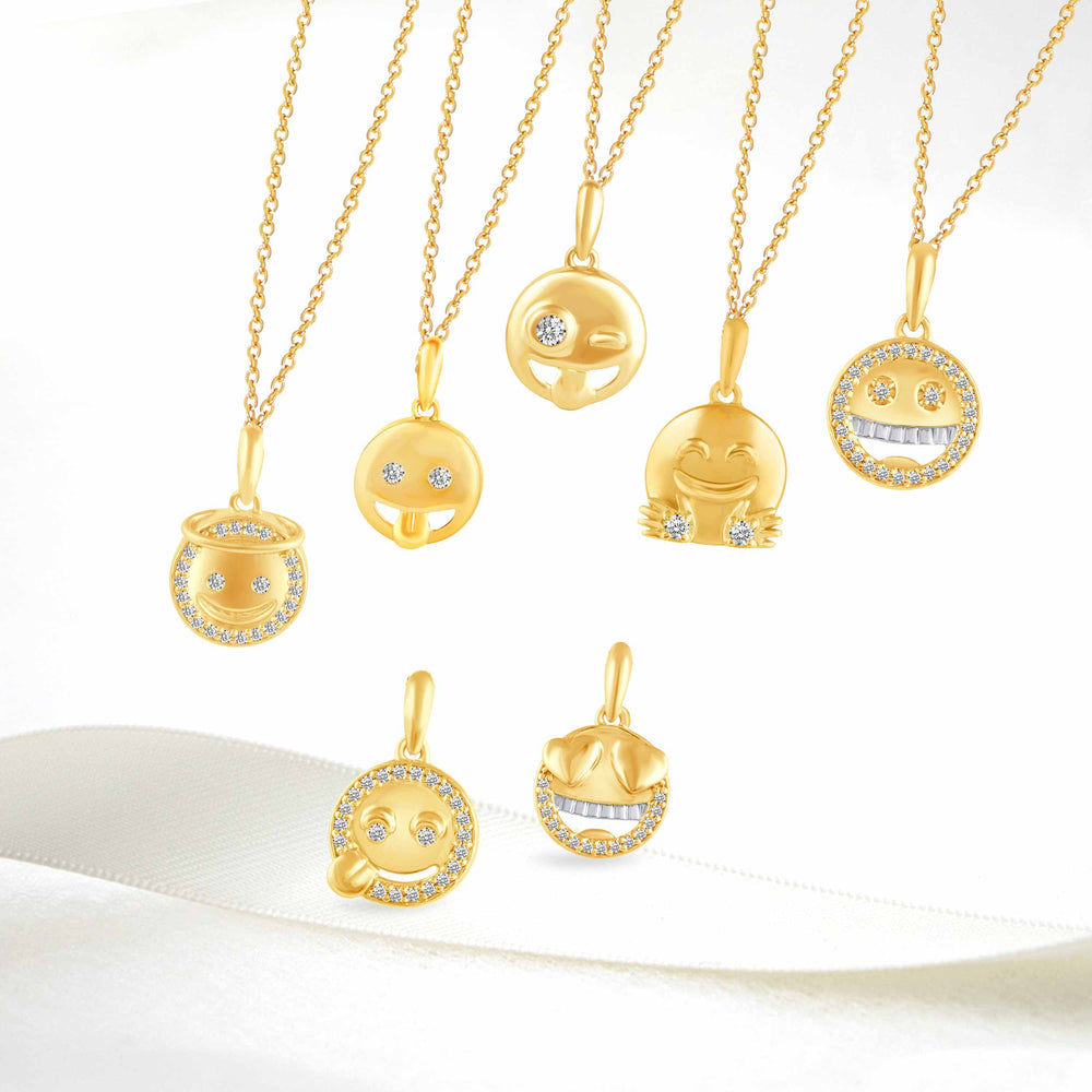 1/10 - 1/20 Cttw CZ EMOJI Face Pendant Necklace set in 925 Sterling Silver Yellow Gold