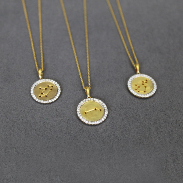 Prime and Pure 1/20 Cttw CZ Zodiac Astrology Halo Pendant Necklace set Yellow Gold plating