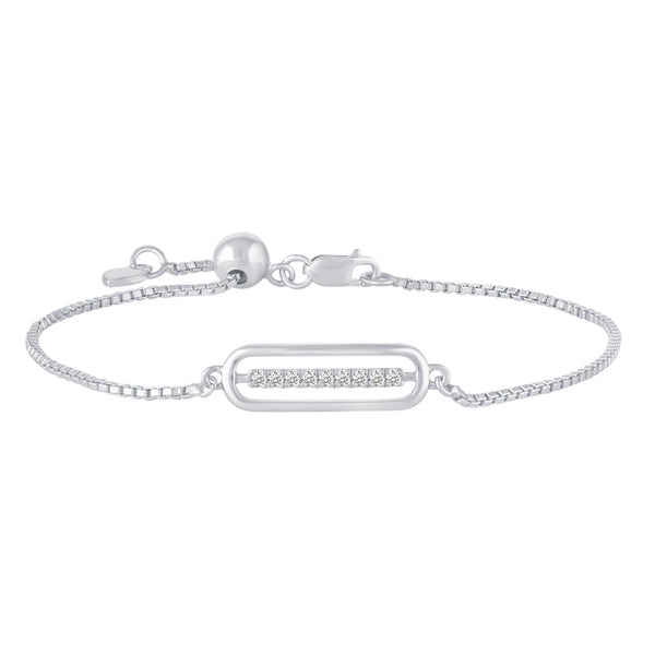 1/10 Cttw CZ Open Open Bar Oval Adjustable 7" Sliding Bracelet in 925 Sterling Silver