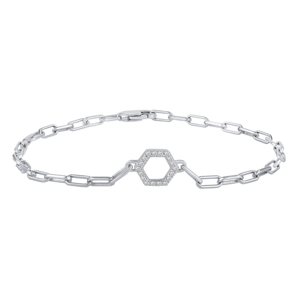 1/6 Cttw CZ Pave Hexagon Link Chain 7" Bracelet in 925 Sterling Silver