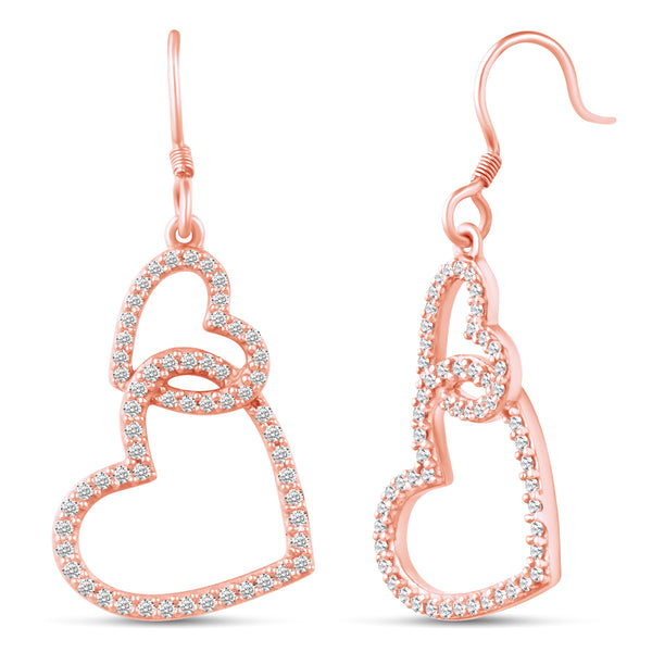 Double Two Heart Drop Dangle Swing Earrings in 925 Sterling Silver Pink Rose Gold - Prime and Pure