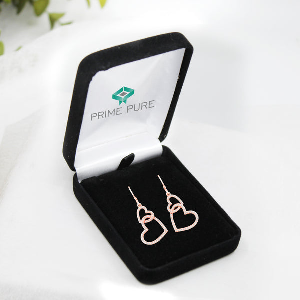 Double Two Heart Drop Dangle Swing Earrings in 925 Sterling Silver Pink Rose Gold - Prime and Pure