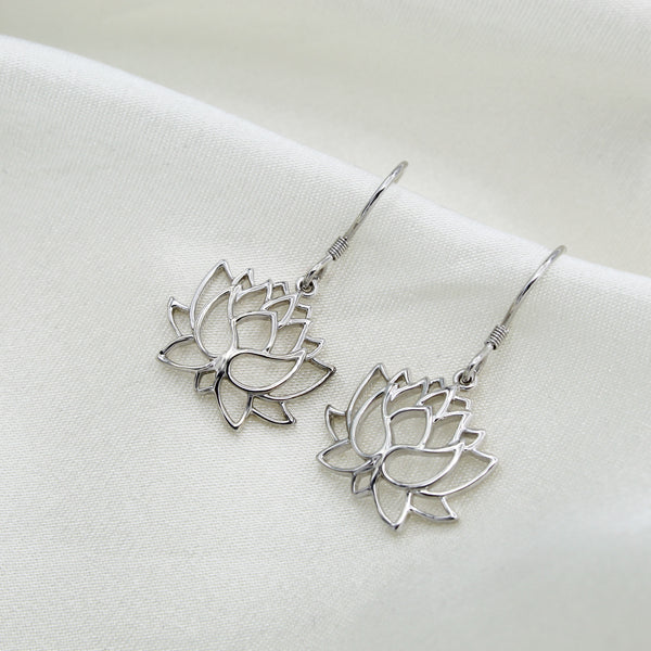 Open Lotus Lace Flower Drop Dangle Swing Earrings in 925 Sterling Silver