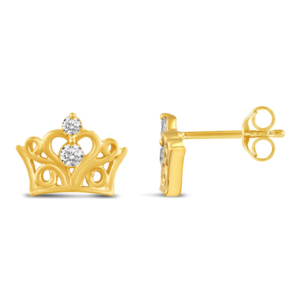 Crown Princess Royal Tiara Stud Earrings in 925 Sterling Silver Jewelry Yellow Gold - Prime and Pure