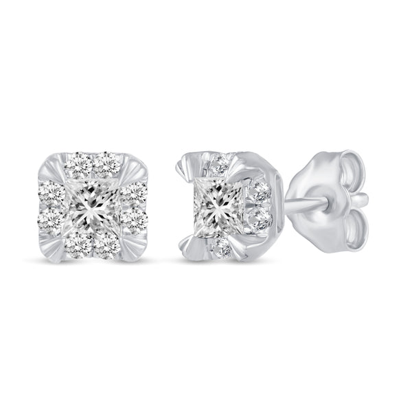 Princess Cut Halo Studs Earrings in 925 Sterling Silver