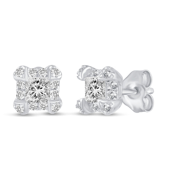 Princess Cut Halo Studs Earrings in 925 Sterling Silver (Select Design)