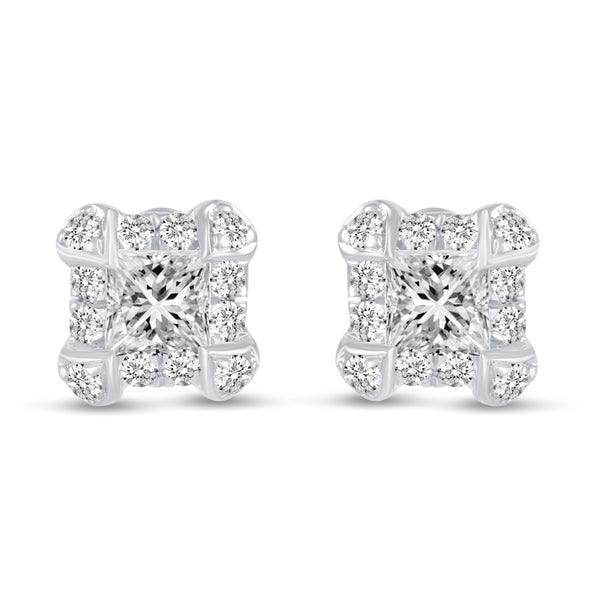 Princess Cut Halo Studs Earrings in 925 Sterling Silver