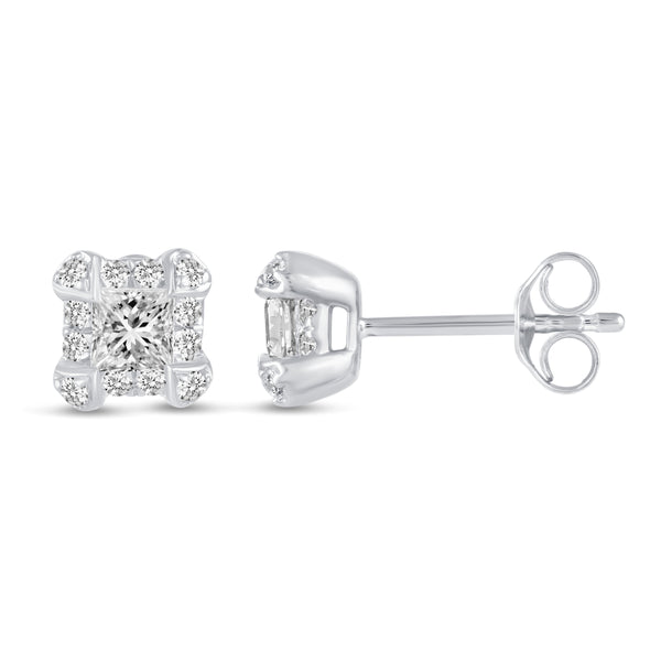 Princess Cut Halo Studs Earrings in 925 Sterling Silver