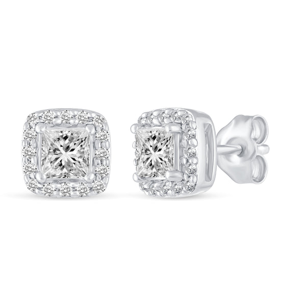 3/4 Cttw - 1/2 Cttw Halo Princess Cut Studs Earrings in 925 Sterling Silver birthday valentine's day mother's day holiday gift