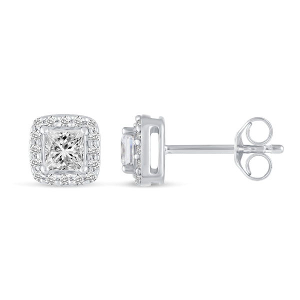 3/4 Cttw - 1/2 Cttw Halo Princess Cut Studs Earrings in 925 Sterling Silver birthday valentine's day mother's day holiday gift