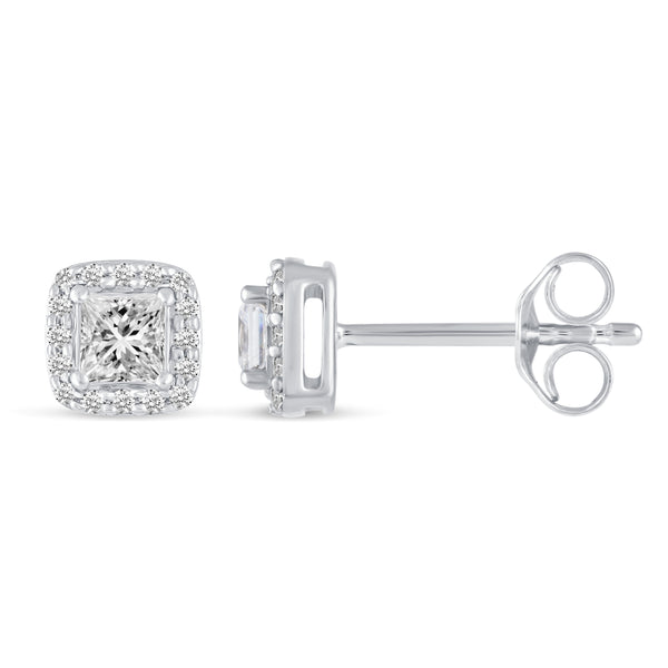 3/4 Cttw - 1/2 Cttw Halo Princess Cut Studs Earrings in 925 Sterling Silver ( Select Carat)