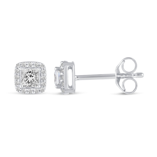 3/4 Cttw - 1/2 Cttw Halo Princess Cut Studs Earrings in 925 Sterling Silver ( Select Carat)