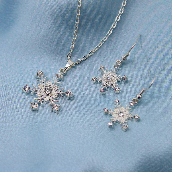 Snowflake Pendant and Earring Set with Silver Plating