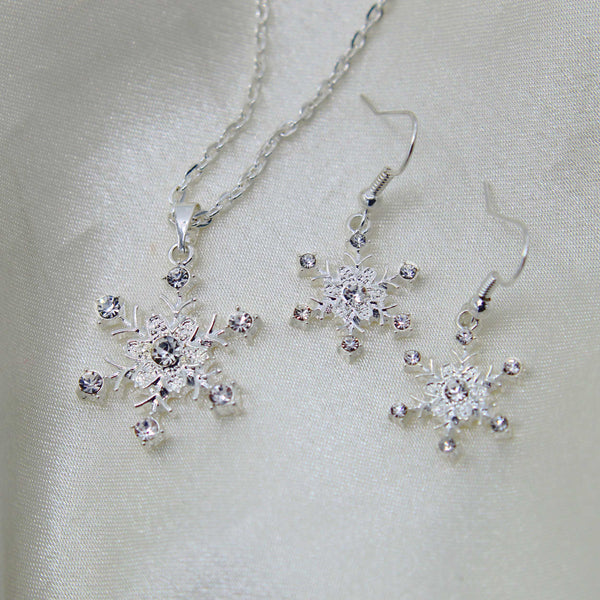 Snowflake Pendant and Earring Set with Silver Plating