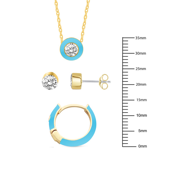 Set of 3 Enamel Stud Earrings + Huggies + Pendant Box Set Gold Tone 17 Inch Chain + 2in Extender